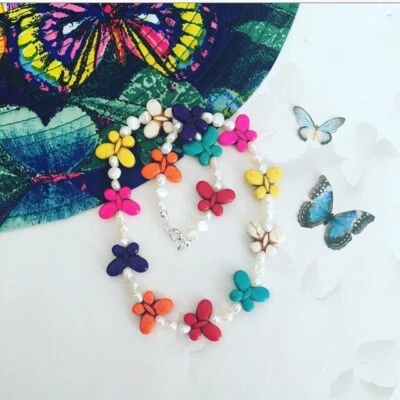 Collana Girocollo Argento 925 Farfalle Pietra Perla Perle Collorate  - Immagine 1 di 4