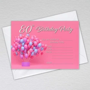 80th Birthday Party Invitations Pack Pink Balloon Bouquet Invites & Envelopes - Imagen 1 de 1