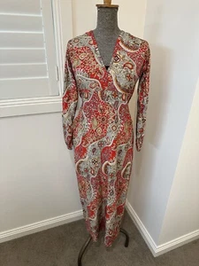 Handmade Vintage 90s Does 70s Red Floral Paisley Long Sleeve Maxi Dress S 8 - Picture 1 of 13