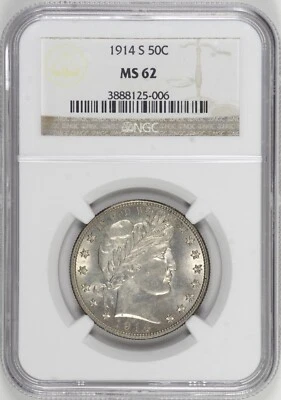 Medio dólar barbero 1914-S 50c NGC MS62, elección original, resistente en UNC [BN006] Foto 1 de 4
