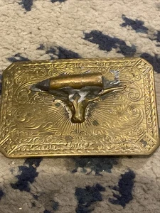 vintage 1950s buckle belt BRONZE brass LONGHORN bull steer Bullet - Picture 1 of 10