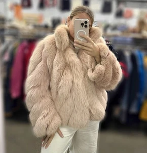 Blush Pink Real Fox Fur Jacket Coat L Hook Closure Luxury Glam Winter Chic - Picture 1 of 14