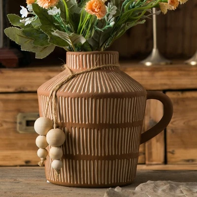 Rustic Farmhouse Vase with Handle and Boho Wooden Beads - Terracotta Vase wit... - Image 1 of 4