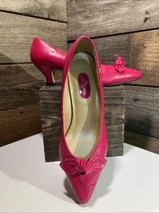 * VTG 80’s John Romain Pink Mid Heel Leather Shoes Fabric Bow Dolly Retro 7.5 - Picture 1 of 8