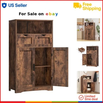 Storage Cabinet Wood 2 Drawers Shelves Floor Cupboard Rustic Brown Home Office - Image 1 of 4