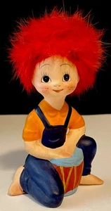 RARE! VTG 1970s Fuzzy Red Hair Berries Toy Ceramic Figurine Playing Drum 5.5”T - Picture 1 of 9
