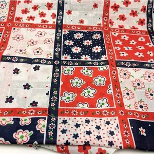 70s Flowers Faux Quilt Squares Fabric, 2.75+ yd, Vintage Red White Blue Floral - Picture 1 of 11