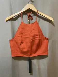 NWT House of Harlow Women Linen Rayon Smocked Tassel Halter Crop Top SZ 4 Orange - Picture 1 of 10