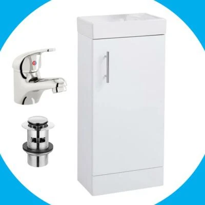 White 400mm Single Door Bathroom Cabinet Basin Sink Vanity Unit WITH Tap & Waste