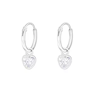 925 Sterling Silver Hoop Sleeper Earrings with Crystal Cubic Zirconia Heart - Picture 1 of 1