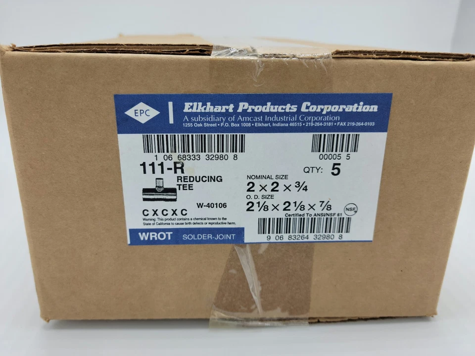 ELKHART Copper Pressure Reducing Tee Lot (5 Pieces) W-40106, Nom 2 x 2 x 3/4