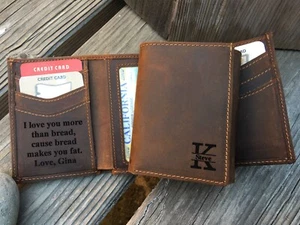 Personalized Monogrammed Leather Trifold Wallet Custom Message RFID Protection - Picture 1 of 4