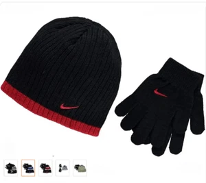 Nike Futura Big Boys Hat & Gloves 2-pc Set Swoosh Logo Beanie Red Black Gray - Picture 1 of 15