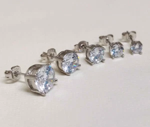 Round Simulated Diamond Women Stud Earrings 14K White Gold Plated Silver - Picture 1 of 4