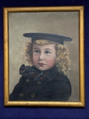 ANTIQUE DIMINUTIVE OIL PAINTING ON CANVAS FRAMED PORTRAIT YOUNG BOY - Image 1 of 4