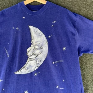 Vintage Single Stitch Moon & Star Caricature Comic T-Shirt 90s Adult L Navy Blue - Picture 1 of 10