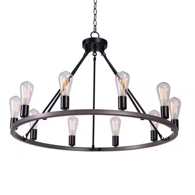 10-Light Black & Woodgrain Wagon Wheel Chandelier, Farmhouse Industrial Fixture - Image 1 of 4