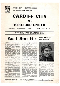 Cardiff City v Hereford United 1983-1984 Welsh Cup Quarter Final 07/02/1984 - Picture 1 of 2