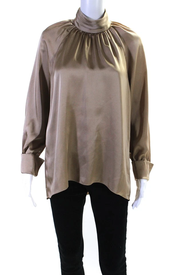 Blusa de mujer Joie plisada cuello falso abotonada puños manga larga tostada talla M Foto 1 de 4