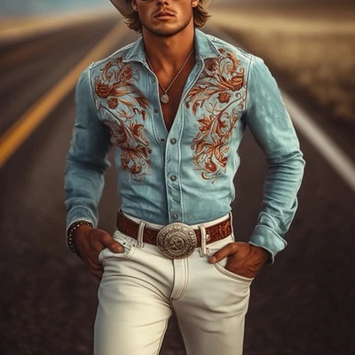 MANLY 经典美国复古西部麂皮绒刺绣长袖衬衫 - 小号 — 第 1/4 张图片