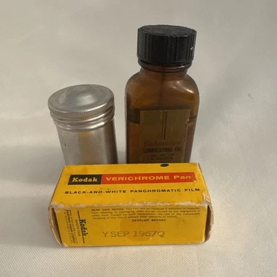 Vtg Kodak Verichrome B & W Film, Used Kodascope Lubricating Oil, Metal Canister - Image 1 of 4