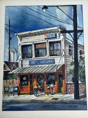 Pintura regionalismo americano paisaje histórico edificio tienda de comestibles urbano Foto 1 de 4