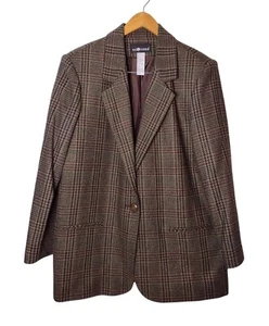 Sag Harbor Glen Plaid Wool Blend Blazer Jacket Women's Sz 16 Vtg Brown Academia - Picture 1 of 8