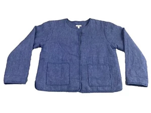 Eileen Fisher Organic Linen Delave Padded Jacket Size Small Pockets Blue Snap - Picture 1 of 18