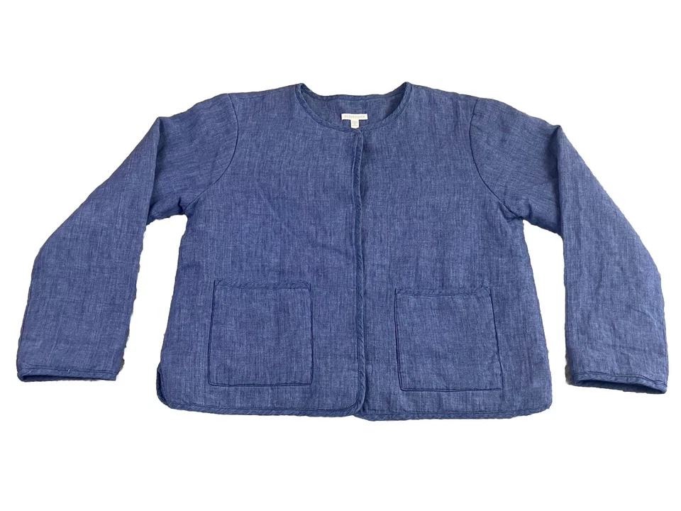 Eileen Fisher Organic Linen Delave Padded Jacket Size Small Pockets Blue Snap - Image 1 of 4
