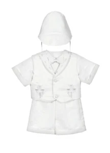 BABY BOYS WHITE CHRISTENING BAPTISM SUIT SET SHORT SLEEVE BOW TIE HAT - KC - Picture 1 of 1
