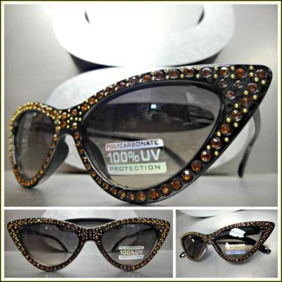 Classy Retro Cat Eye Style SUN GLASSES Black Frame Sparkling Bling Rhinestones - Image 1 of 4