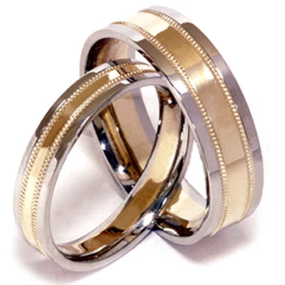Conjunto de alianças de casamento de ouro 14k combinando com ele e ela dois tons - Imagem 1 de 3