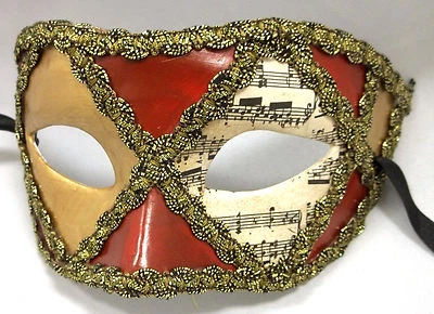 Dark Red Gold Music Masquerade Paper Mache Harlequin Mardi Gras Mask - Image 1 of 2