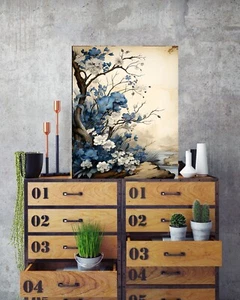 16x20 Blue Floral Branch Canvas Print Wall Art - Picture 1 of 5