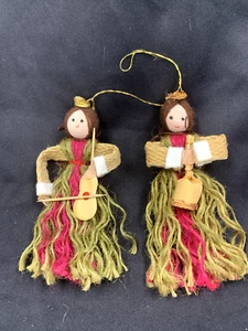 Vintage Handmade Folk Art Yarn and Twine Angel Christmas Ornaments Set of 2 - Picture 1 of 12