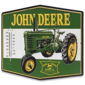 Vintage John Deere Green Tractor 14" Embossed Metal Wall Indoor Thermometer Sign - Picture 1 of 3
