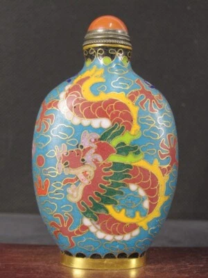 Botella de tabaco Cloisonne china con patrón de dos dragones hecha a mano Foto 1 de 4