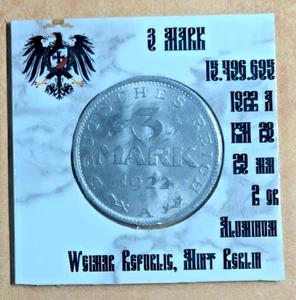 1922A Germany 3 Mark Weimar Republic -Ebert Friedrich First president of Germany - Picture 1 of 2