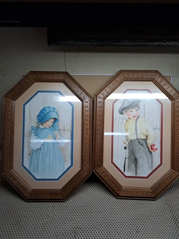 Kathleen Casey 1980s Framed Pictures Boy Girl Hexagon 2 PC Vintage Wall Decor Cover