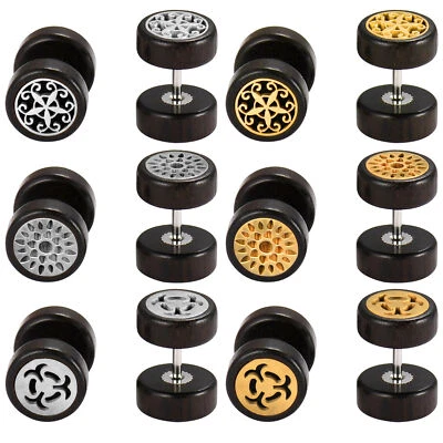 Aretes retro con mancuerna tapones falsos flores de madera de acero inoxidable para hombre y mujer Foto 1 de 4