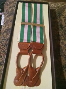 Trafalgar Suspenders Green And Pink Fabric Leather New Old Stock