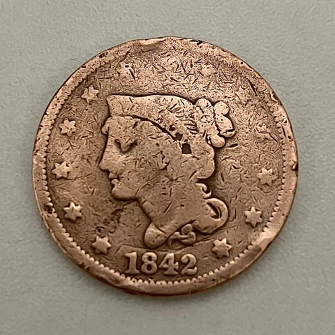 1842 Braided Hair Large 1c Copper Penny Circulated Condition Cover