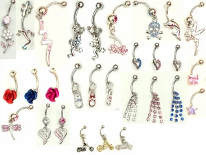 10 x dangle and gem navel belly bars, great selection, silver surgical steel 14g - Picture 1 of 1