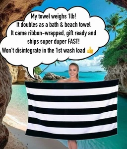 VTG NEW Black White Stripe Beach Towel 32x62 100% Cotton 1 Lb Bath Towel Plush - Picture 1 of 5
