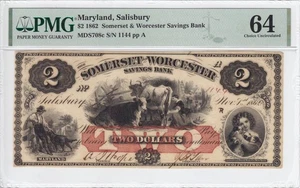 1862 2 $ Somerset & Worcester Sparkasse Salisbury MD PMG CU64 #1144 - Bild 1 von 2