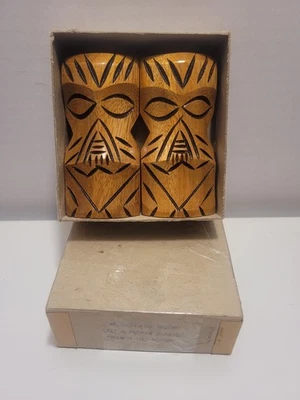Vintage Hawaiian Monkey Pod Wood Salt and Pepper Shakers Haw'n Tiki Design  - Image 1 of 4