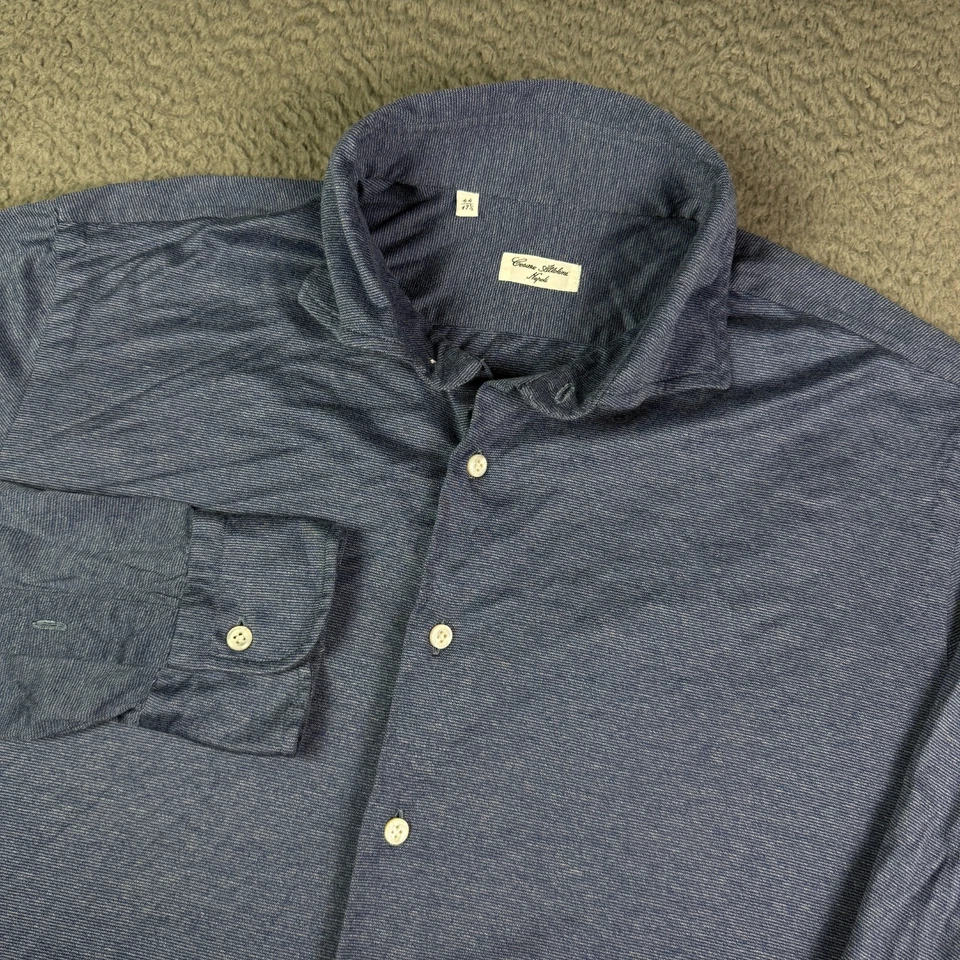 Camisa Cesare Attolini Napoli Para Hombre 17.5/44 Azul Rayas Jersey Algodón Elástico Foto 1 de 4