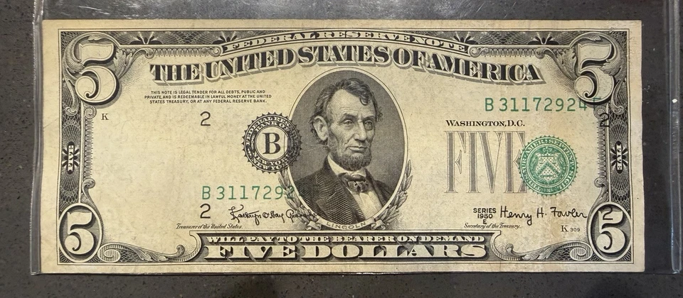 CRAZY FIVE DOLLAR BILL MISPRINT with MAJOR PRINT ERROR 1950 Series E, see photos - Image 1 of 4
