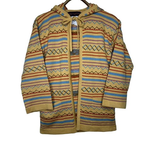 SAINT LAURENT (YSL) Cardigan vintage anni 70 Yves Saint Laurent in lana a righe gialle con cappuccio taglia small