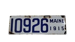 Vintage Maine 1915 Porcelain License Plate #10926 15"x5"